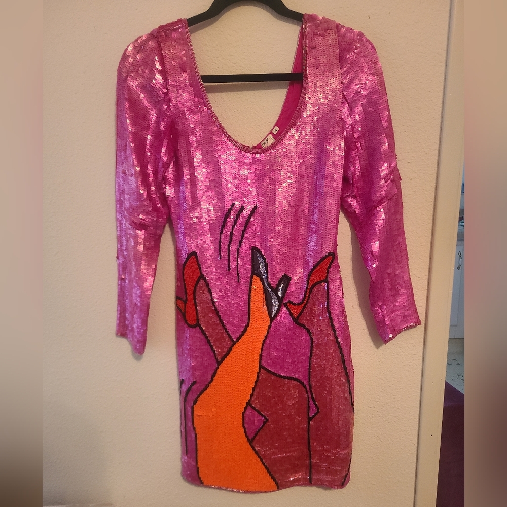 Rare Vintage Pink Sequin Dress with Dancing Leg Design - Philippe Albert 1980s